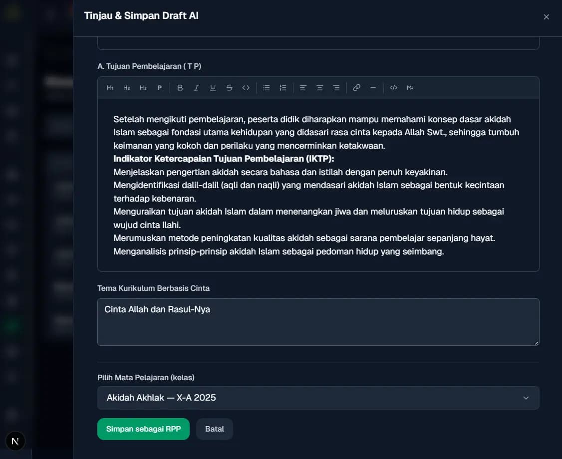 Hasil generate AI — Editor draft RPP siap diedit dan disimpan