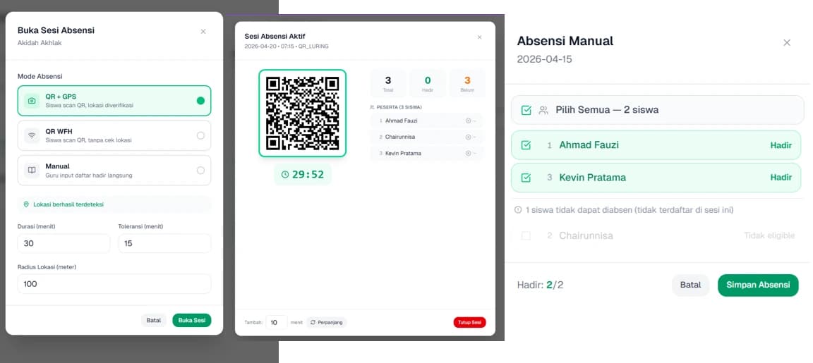 Tampilan QR Code sesi absensi — Guru membuka sesi, siswa scan QR untuk hadir