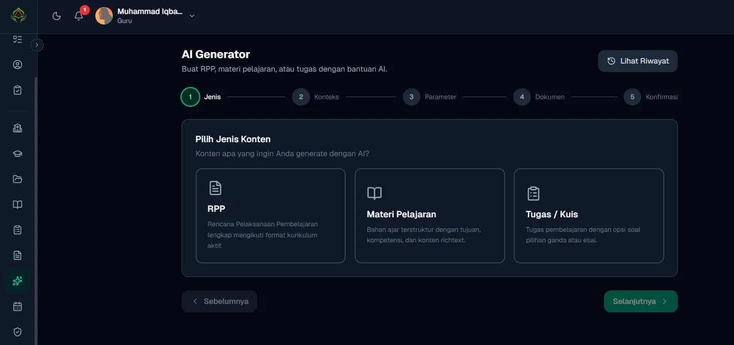 Antarmuka AI Generator — Pilih jenis konten dan parameter generate