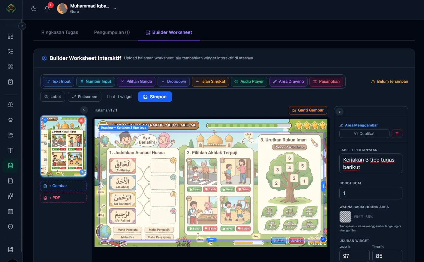 Worksheet Builder — Guru mendesain halaman worksheet dengan widget di atas gambar latar