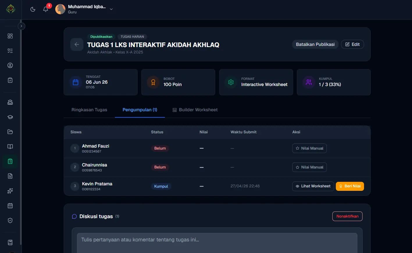 Grading View — Guru menilai jawaban esai dan gambar dari siswa