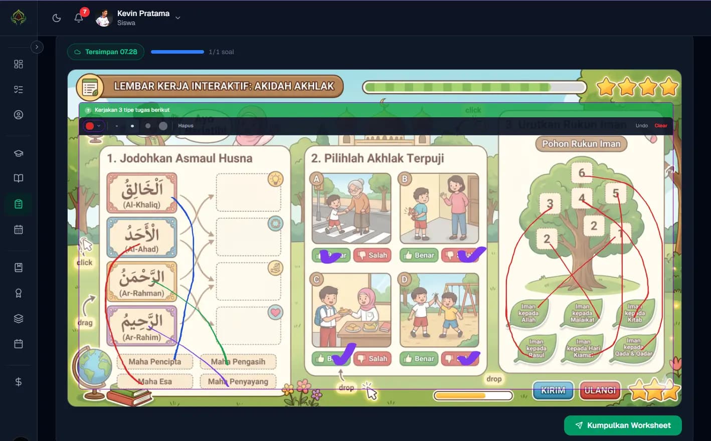 Worksheet Player — Tampilan siswa mengerjakan worksheet interaktif